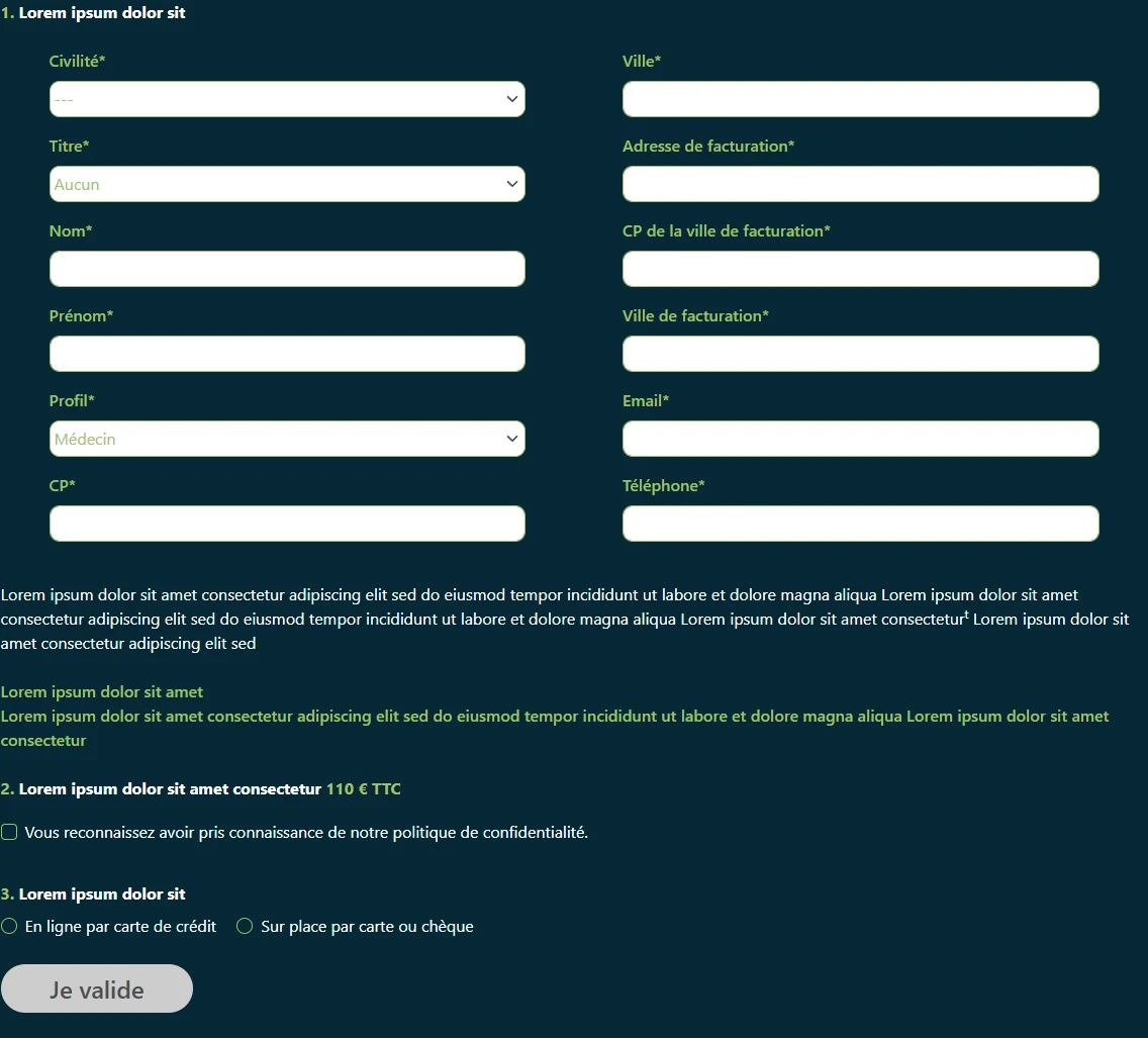 Formulaire d'inscription IRV avec profil médecin, coordonnées, tarif associé et choix du règlement.