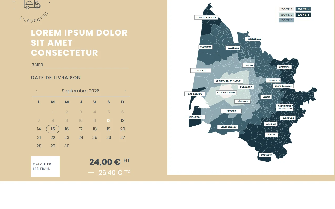 Bloc livraison du traiteur avec saisie du code postal, calendrier et carte de la zone bordelaise.